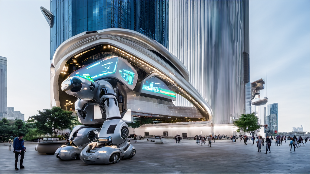 A large robot showcasing the latest Sakana AI technology attracts passersby, introducing applications of AI acquisition and Twitter data collection.