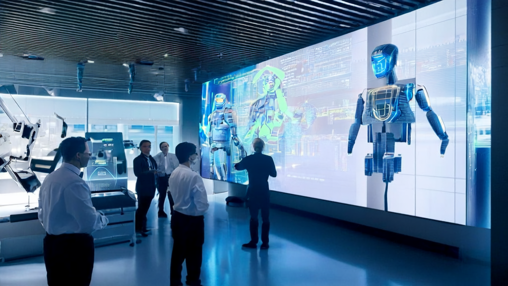 Salesforce AI研究实验室中的科学家们正在探讨企业AI系统的最新突破，背景是高科技设备和模拟运行屏幕。