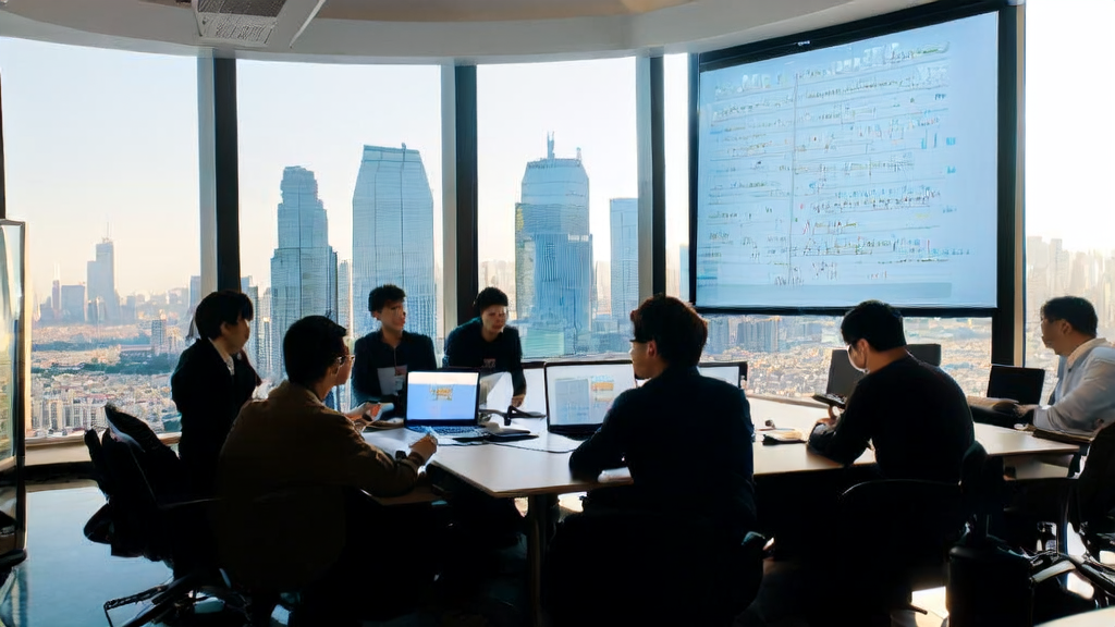 在上海的现代化写字楼里,年轻创业者们热烈讨论AI邮件营销策略,充满创新与活力的办公场景