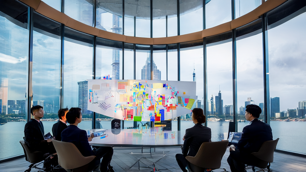 Shanghai AI Marketing Innovation: Team Discussion and Market Analysis in a Modern Office Setting