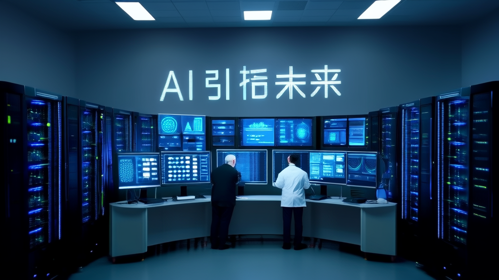 深兰科技实验室中的科学家们正在分析AI医疗大模型数据，背景是MedBench评测结果和LinkedIn社交网络数据可视化图