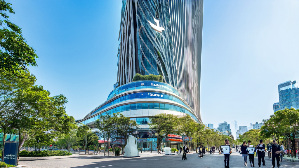 深圳70亿AI基金支持下的AI驱动客户获取解决方案，展示现代科技园区的繁荣景象