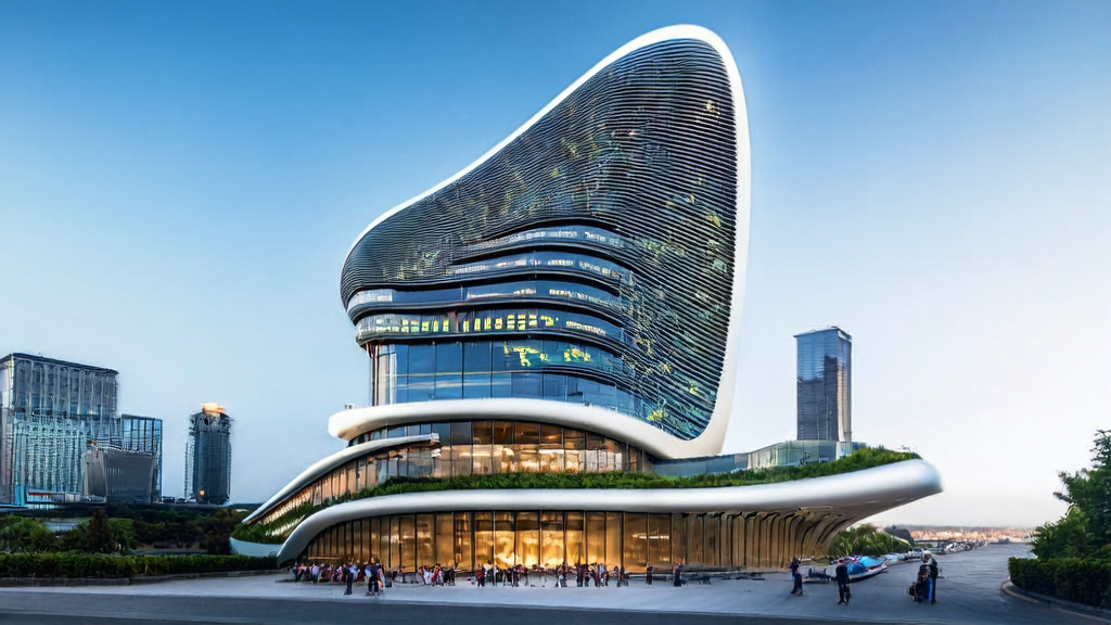 硅基流动的办公大楼和周围环境，展示其在东南亚市场的AI获客策略和技术实力