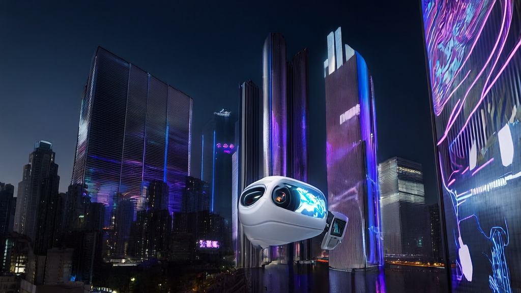 AI assistant "Xiao E" interacting with delivery riders in a futuristic city, optimizing delivery routes