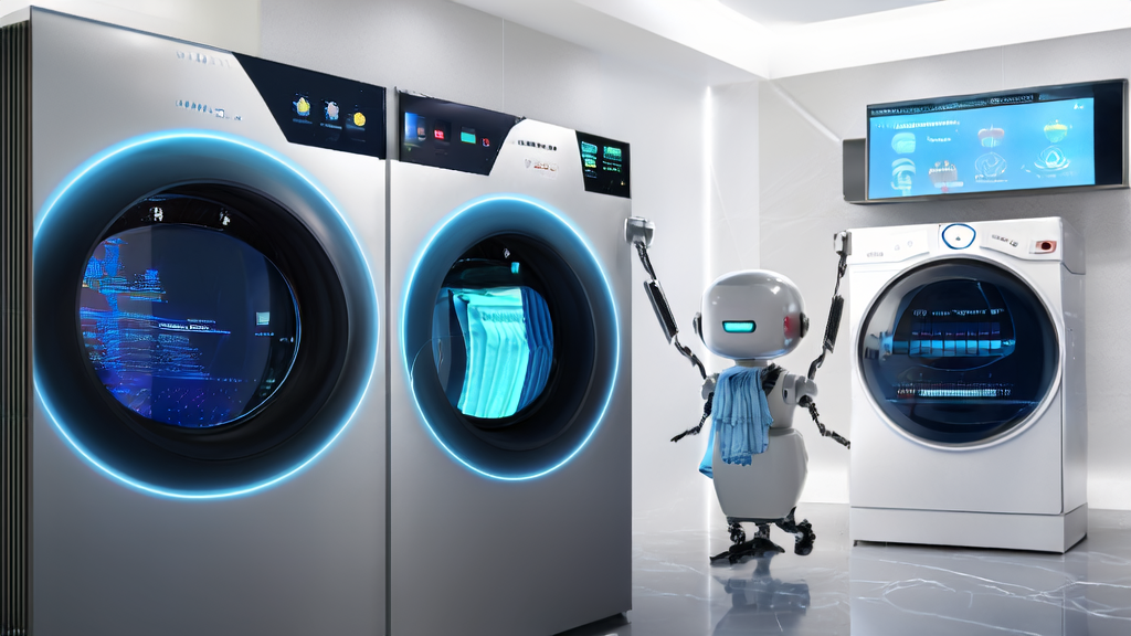 A robot assistant is helping a user sort clothes and start the washing program in a smart home laundry room