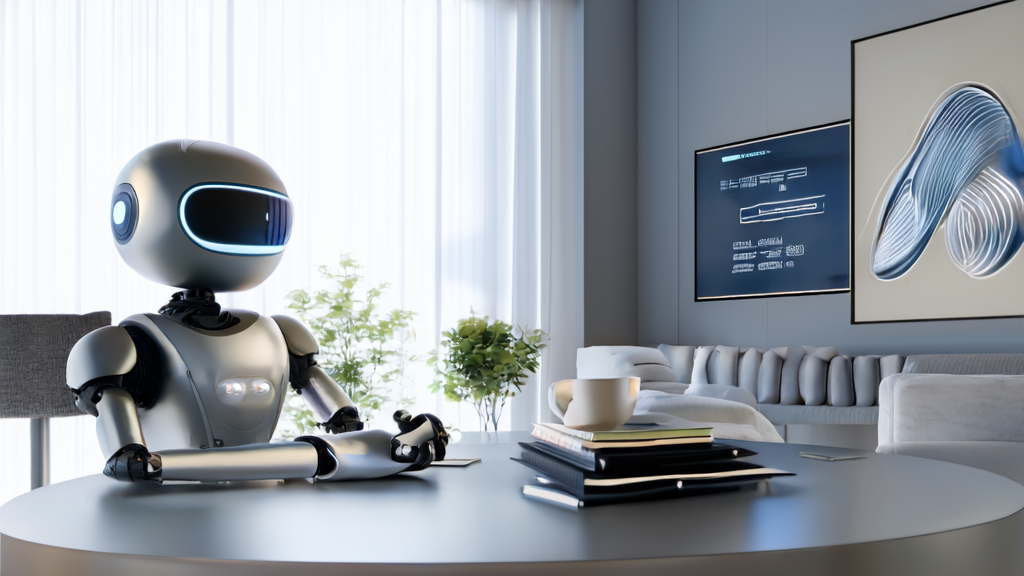 图中展示了全新一代人形机器人Figure 03在智能家居中的应用，机器人正在与家庭成员互动并协助完成家务，体现了AI技术带来的便利和舒适。