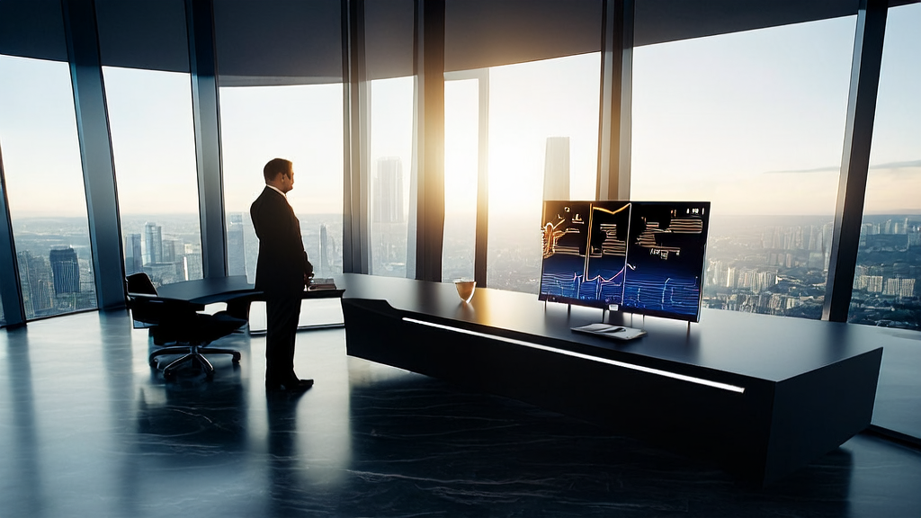 SoftBank executive overlooks the city with an AI customer prediction model displayed on a tablet, symbolizing the integration of technology and the future