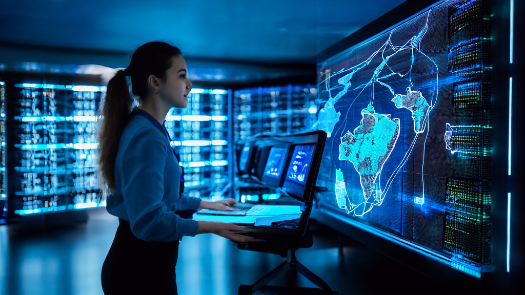 软银投资OpenAI重塑跨境电商邮件营销，展示现代化办公室中的年轻创业者与AI技术的融合场景。