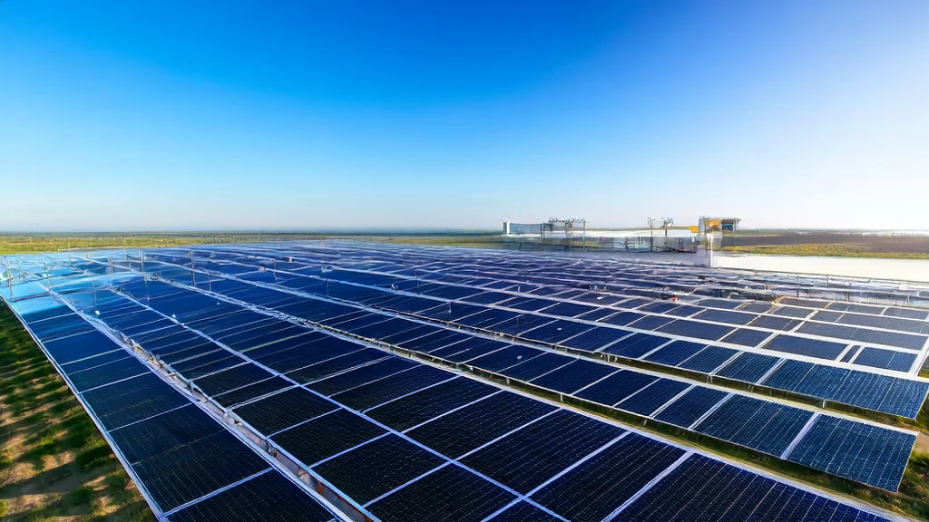 A solar farm with an AI control center showing real-time energy data and scientists at work