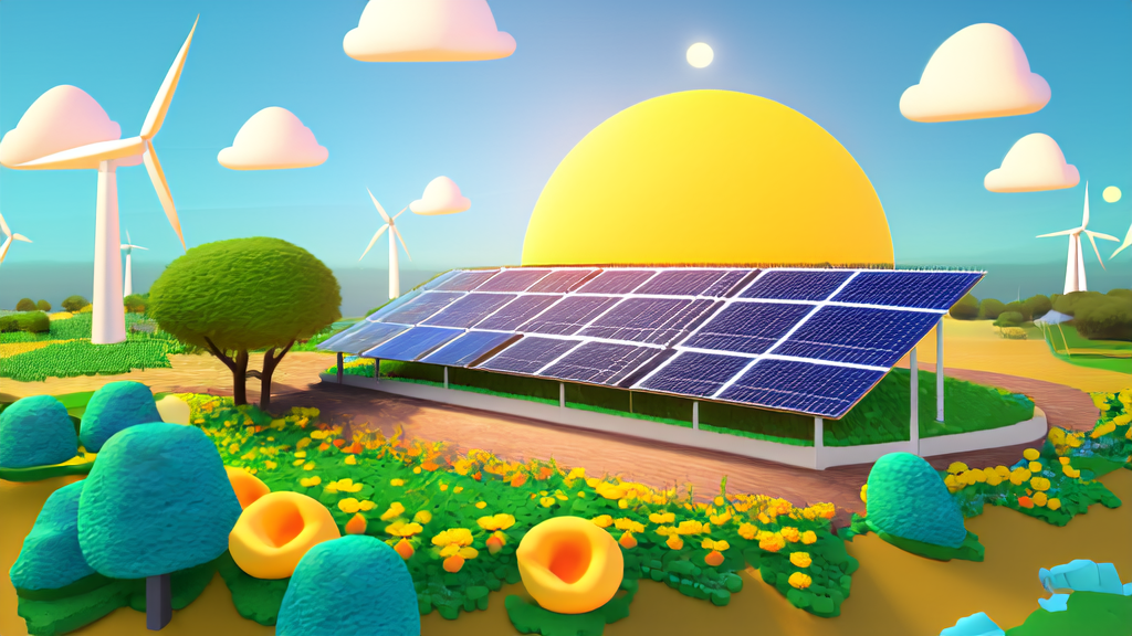 A modern solar power station under the sunshine, illustrated in clay animation style, showcasing a vision of green energy and technology integration