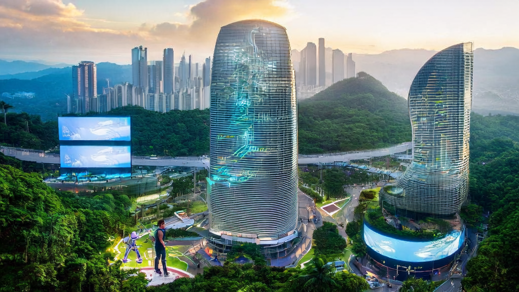 An entrepreneur in Southeast Asia using AI technology for customer acquisition, with a bustling tech city in the background.