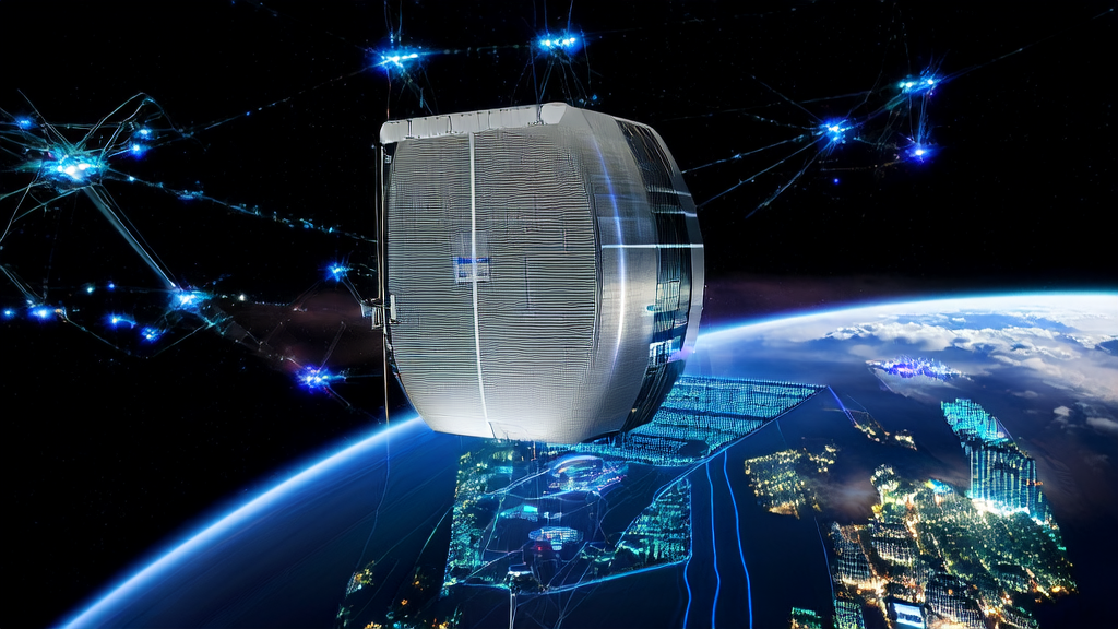 A space data center in orbit collaborating with a cross-border e-commerce team on the ground, using an AI customer prediction model to accurately screen high-quality customers.