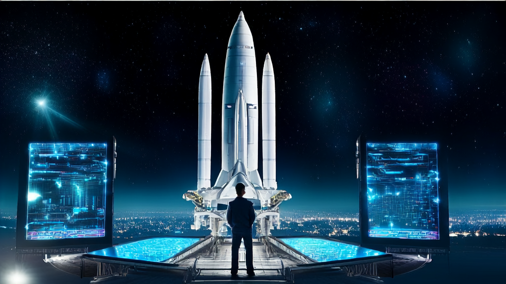 A rocket launch pad under the starry sky, with a scientist monitoring AI algorithms processing customer data, showcasing SpaceX's investment in xAI to accelerate AI customer acquisition technology.