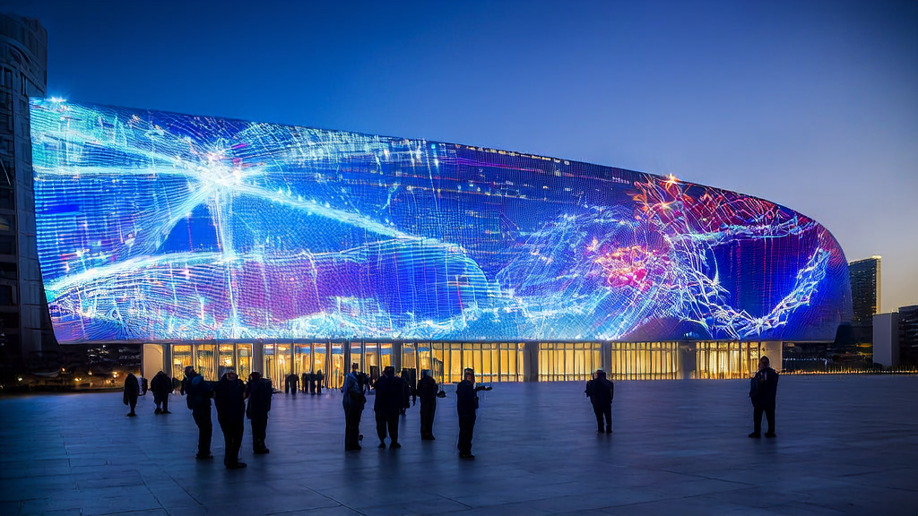Engineers discussing the application prospects of AI customer prediction model in front of iFLYTEK's R&D center showcasing the Star Fire Model upgrade