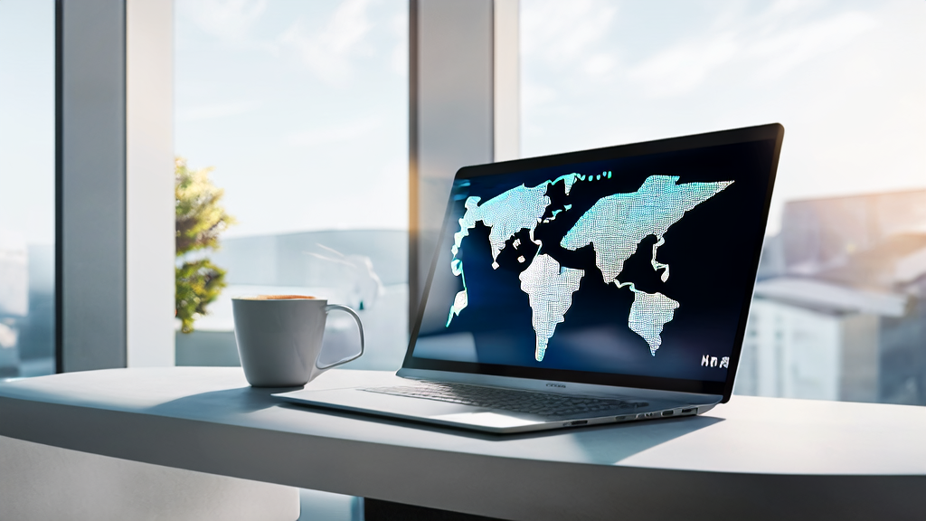 A sunlit modern office desk with a computer screen showing an international trade email being edited and the Grok 4 AI model icon, with a world map on the background wall