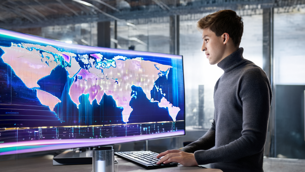 Sunlit modern office showcasing AI marketing tools and successful global market expansion