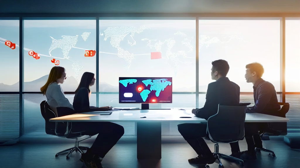 阳光照射下的现代化办公室，企业家们正在讨论使用iOS18.6和百度阿里技术支持的AI获客策略