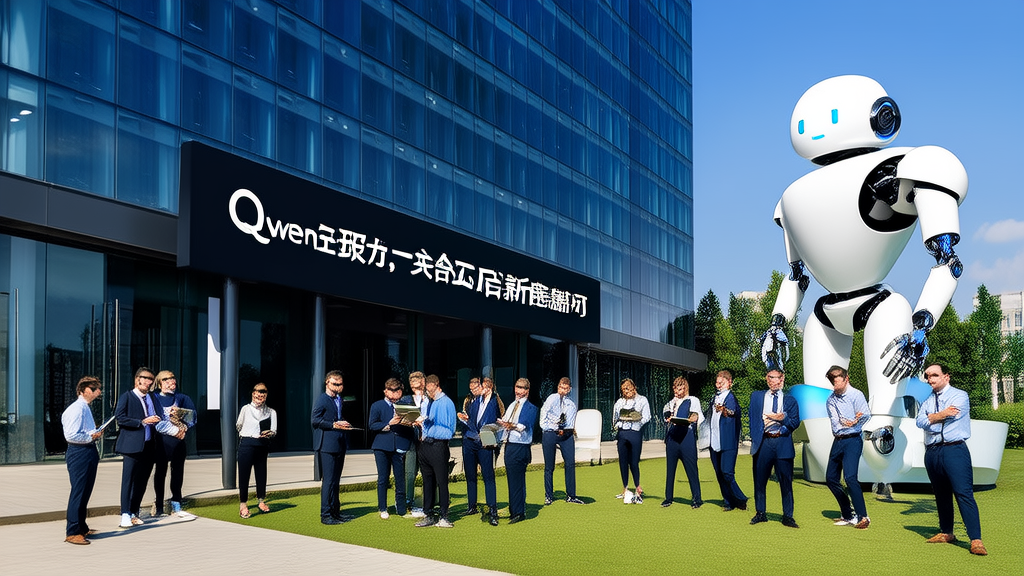 On a sunny morning, developers discuss the launch of Qwen3 by Alibaba Cloud in front of a modern tech company building, exuding an atmosphere of innovation and hope.