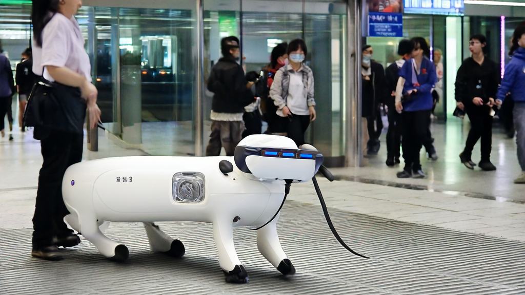 AI-powered guide dog "Xiaosuan" assisting visually impaired passengers in Shenzhen Metro, showcasing AI technology in advertising optimization