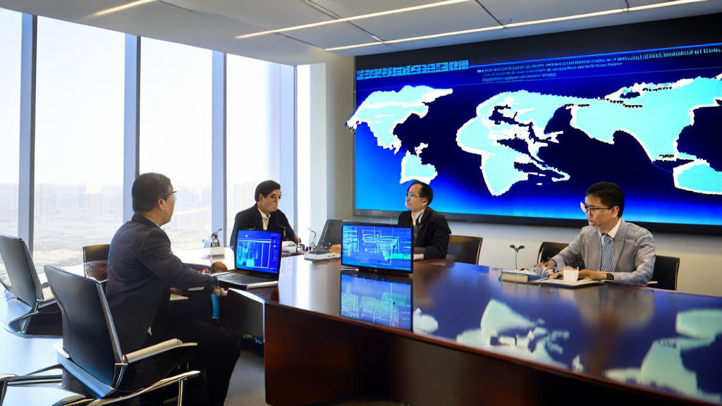 科技巨头会议室中使用AI邮件润色工具的情景，墙上挂着全球地图，阳光透过落地窗洒入。
