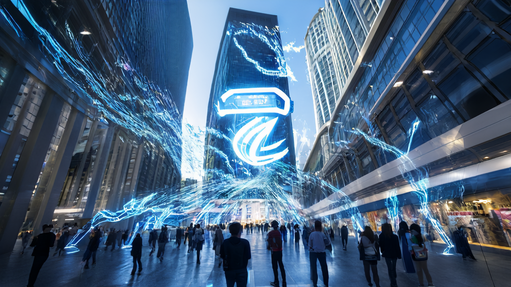 Tencent Hunyuan AI model upgrade and personalized marketing strategies, showcasing smart interaction scenes in a futuristic tech city