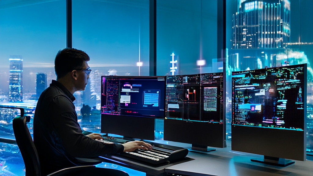 A programmer in a futuristic city office using Cursor CLI and AI email templates for efficient work