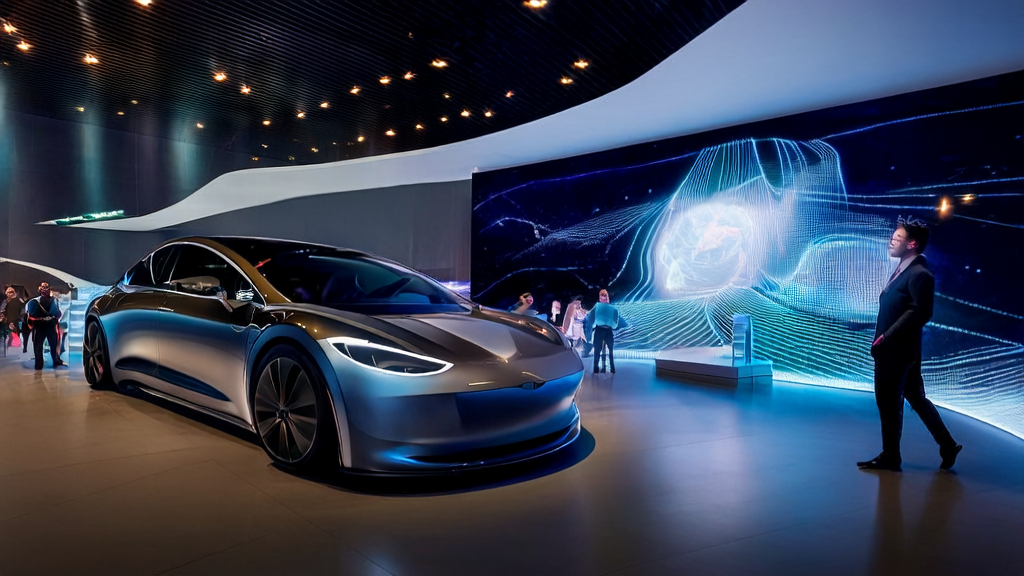 Tesla showroom with a customer interacting with the AI assistant, showcasing real-time data collection and analysis