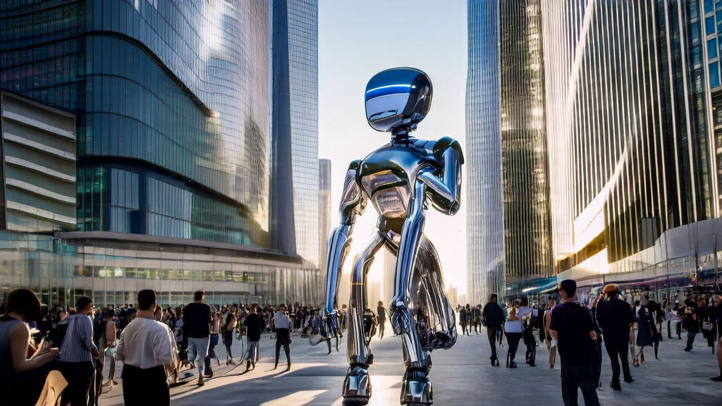 Tesla's AI debut showcases a humanoid robot interacting with pedestrians in an urban center, demonstrating its flexibility and intelligent conversation features