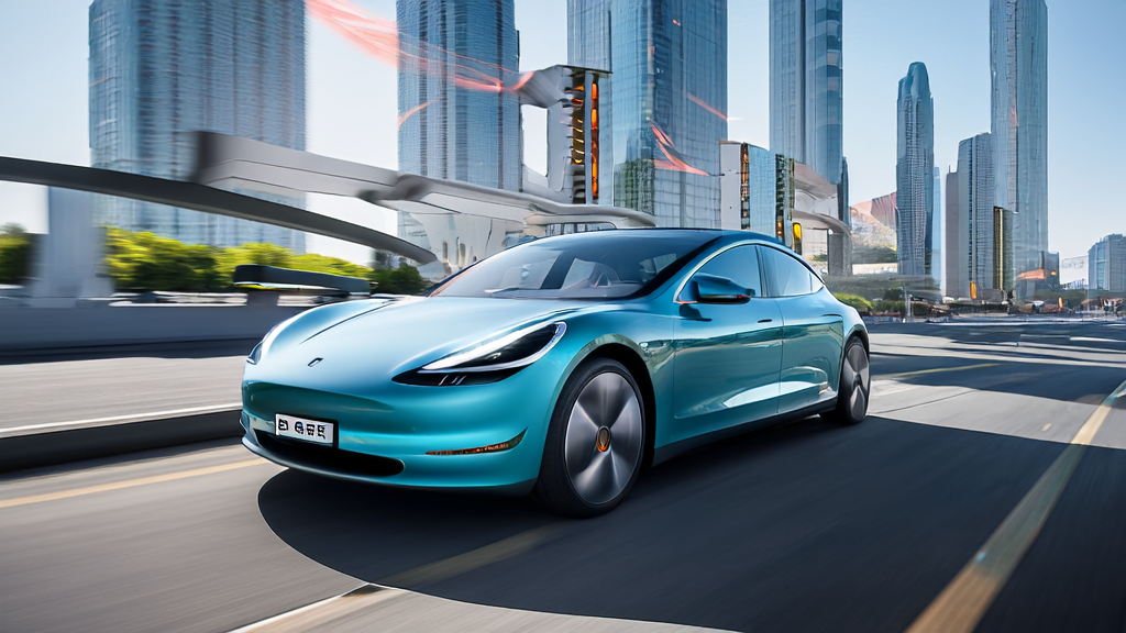Tesla electric vehicle with the latest AI voice assistant driving through a futuristic city street, showcasing the comprehensive upgrade of the intelligent cabin experience.