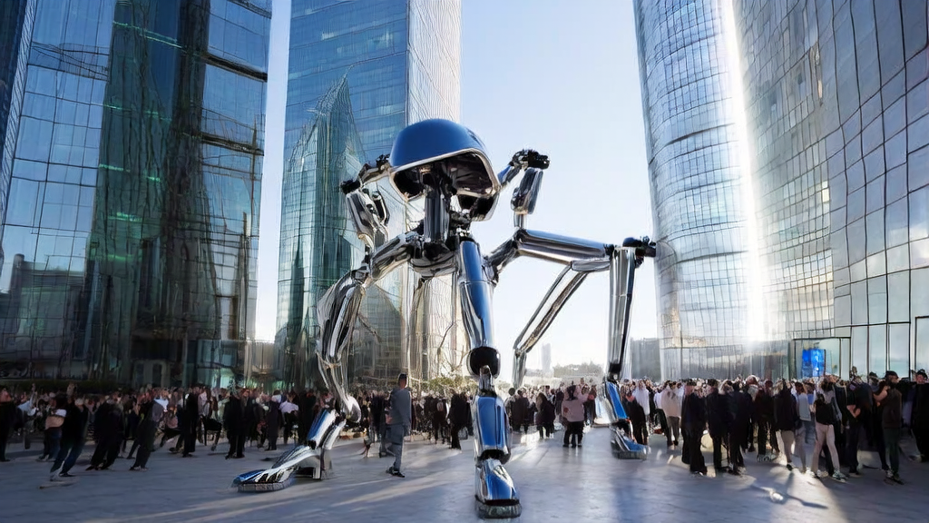 Tesla's humanoid robot makes its debut in a futuristic city, showcasing advanced technology and agile movements, attracting a crowd of onlookers.