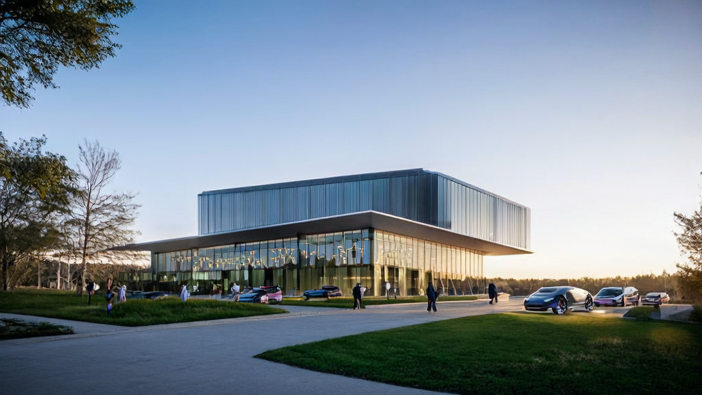 Exterior of Tesla's R&D center with engineers discussing AI chip advancements, Tesla electric vehicles in the background