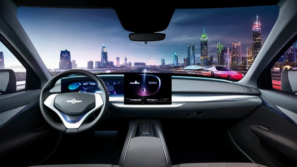 Tesla's AI voice assistant interacting with the driver inside the futuristic smart cabin, showcasing a city night view