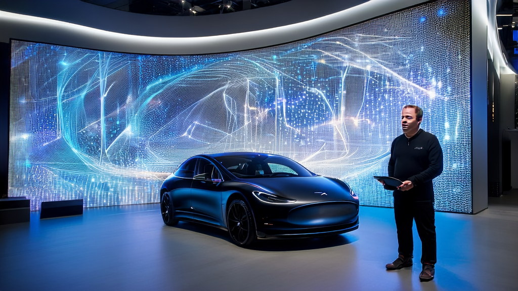 Tesla technology exhibition showcasing Grok AI and its application in autonomous taxis