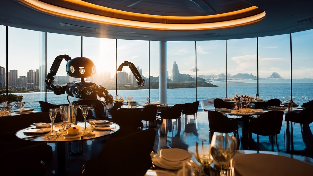Tesla Optimus robot providing personalized service to customers in the Santa Monica themed restaurant