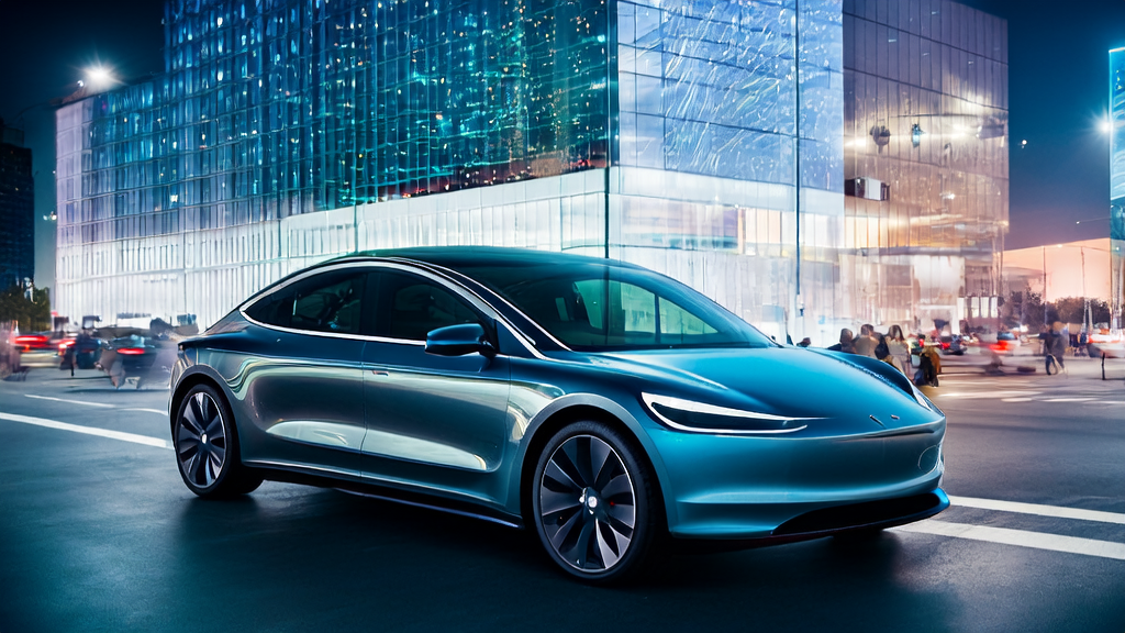 A Tesla Robotaxi autonomous vehicle driving through the streets of Shanghai, with a cross-border e-commerce company utilizing AI technology for precise marketing and customer prediction.