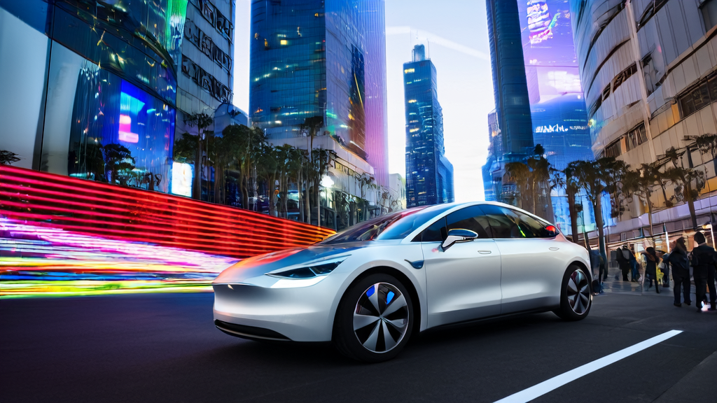 Tesla Robotaxi's AI customer prediction model in operation within a city, showcasing the future trends of intelligent transportation and precise marketing.
