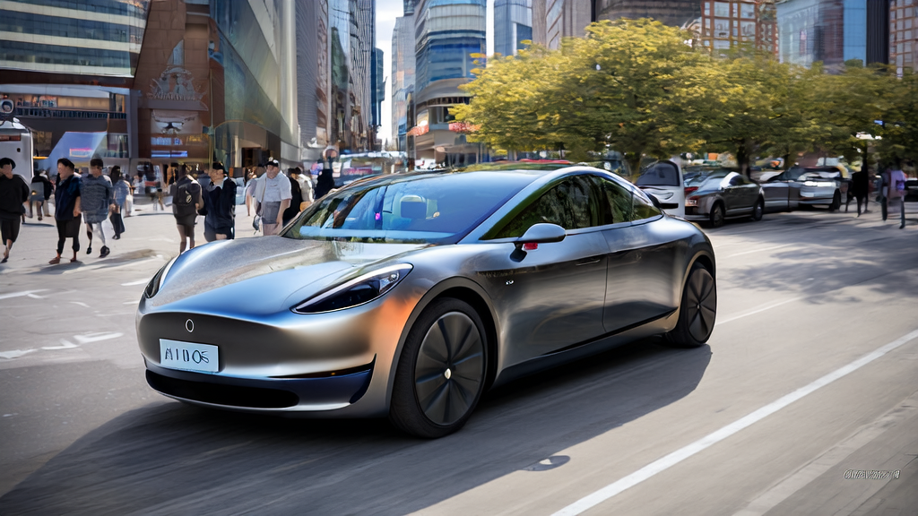 A Tesla Robotaxi driving on city streets, showcasing personalized ads and virtual test drive experiences