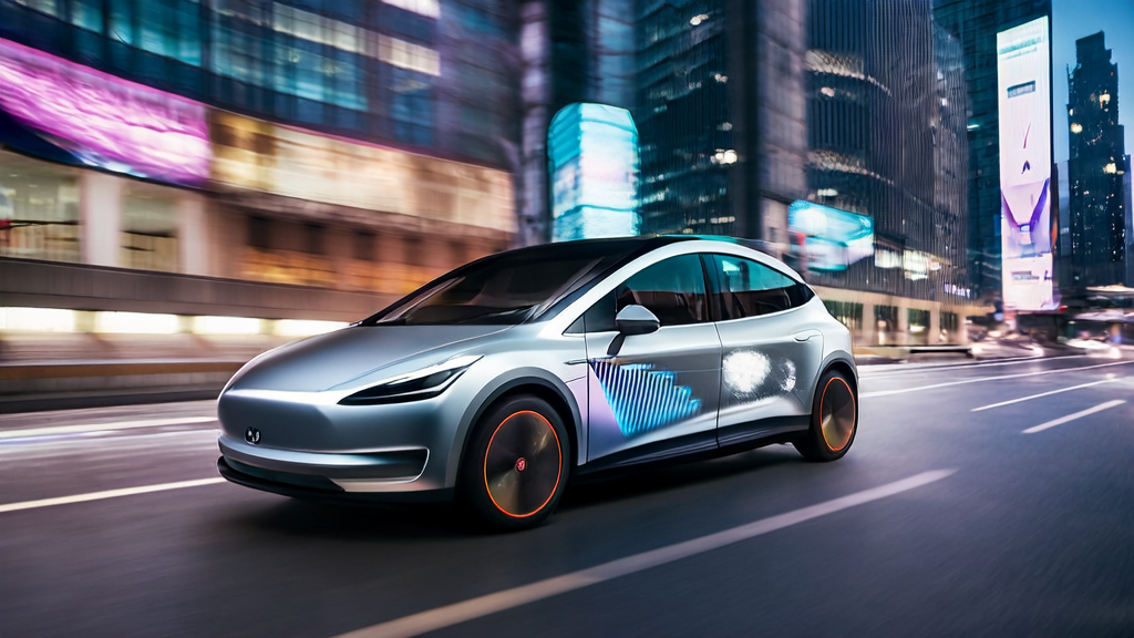 Tesla Robotaxis navigating through a futuristic city, offering intelligent transportation services