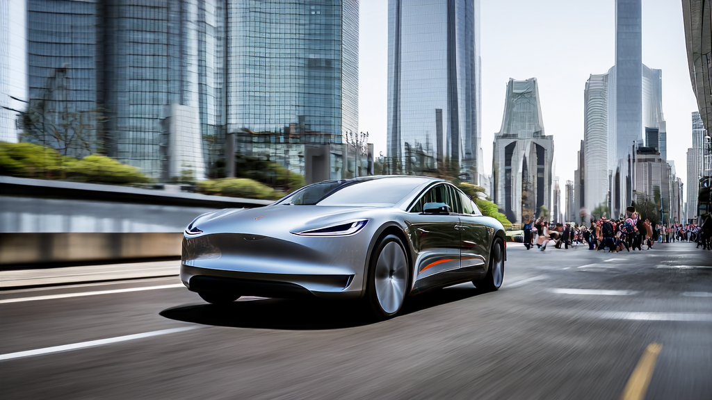 Tesla Robotaxi driving through modern Shanghai, attracting passersby to stop and watch