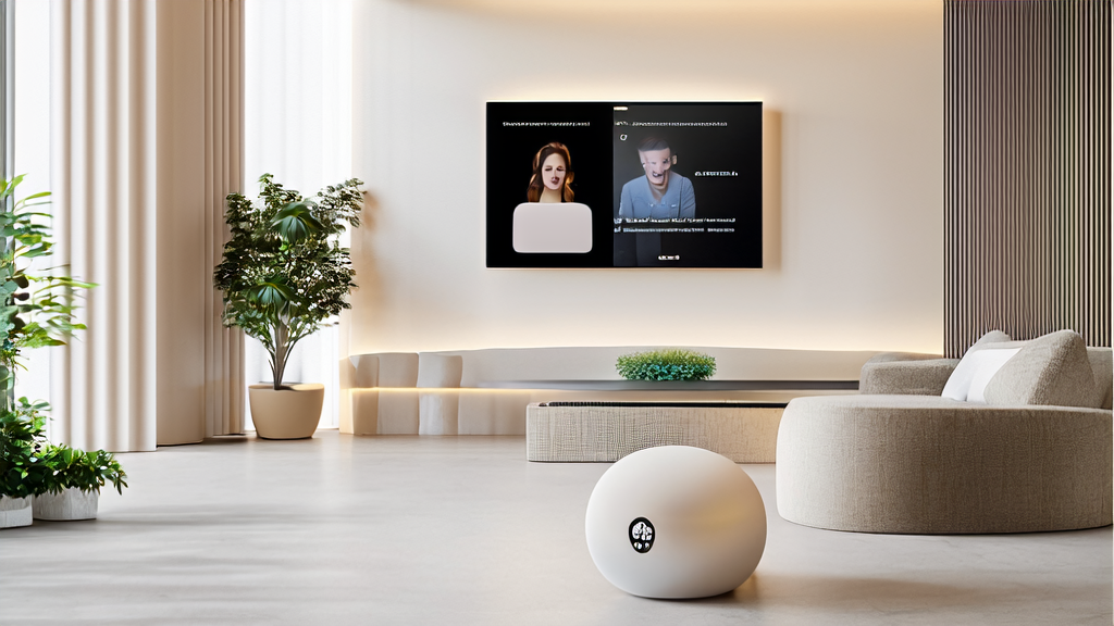 Tmall Q Sugar smart speaker interacting with users in a cozy living room, showcasing AI customer service technology in smart homes.