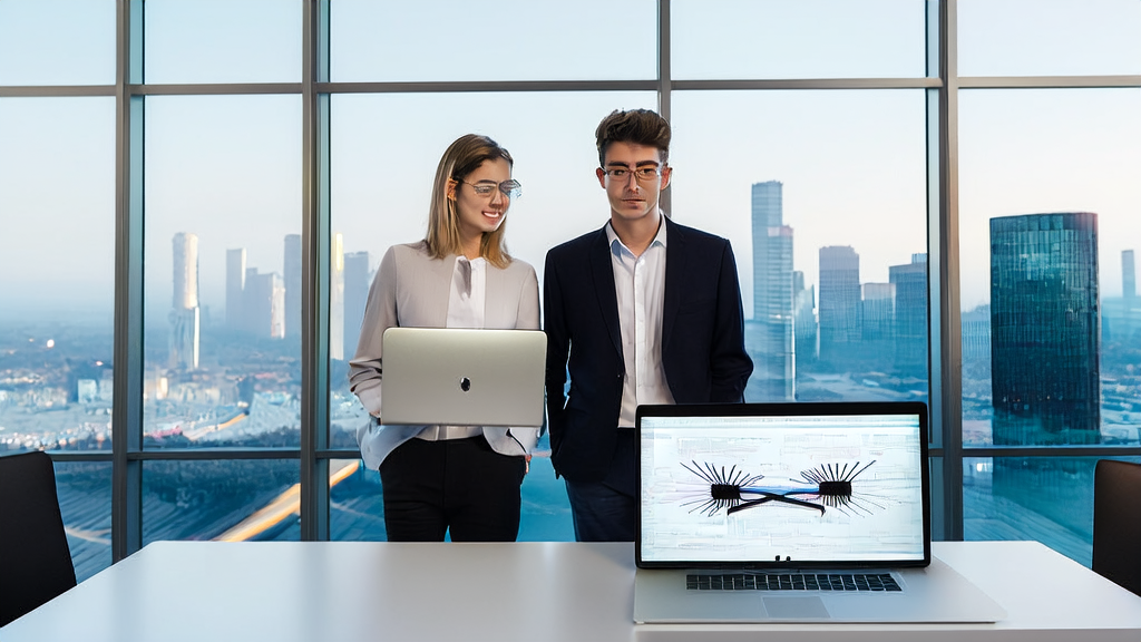 Two young entrepreneurs showcasing AI-powered glasses in a modern office