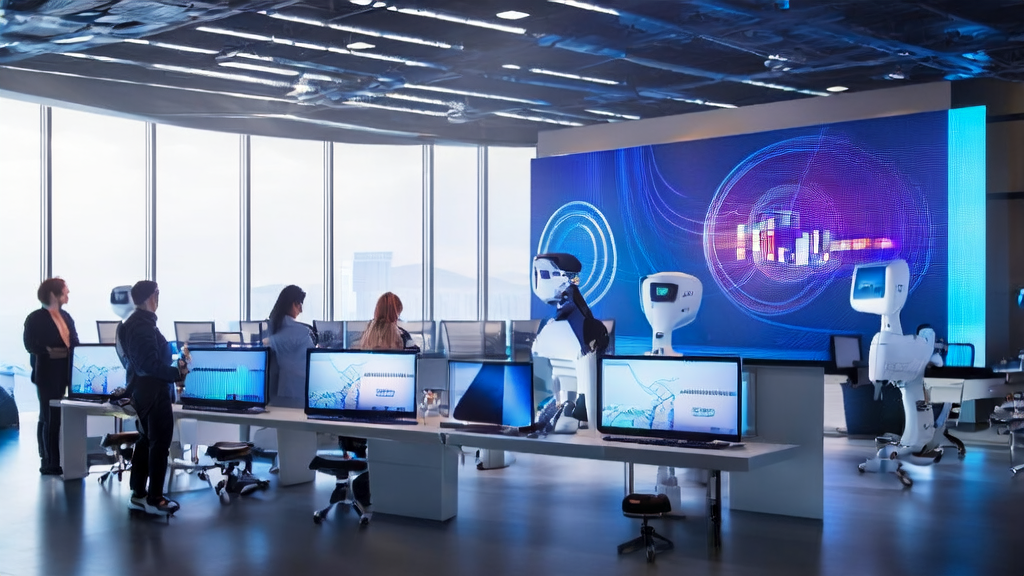 Unitree R1 robot demonstrating its features in a modern office with AI-based high-conversion email strategy data analysis charts in the background