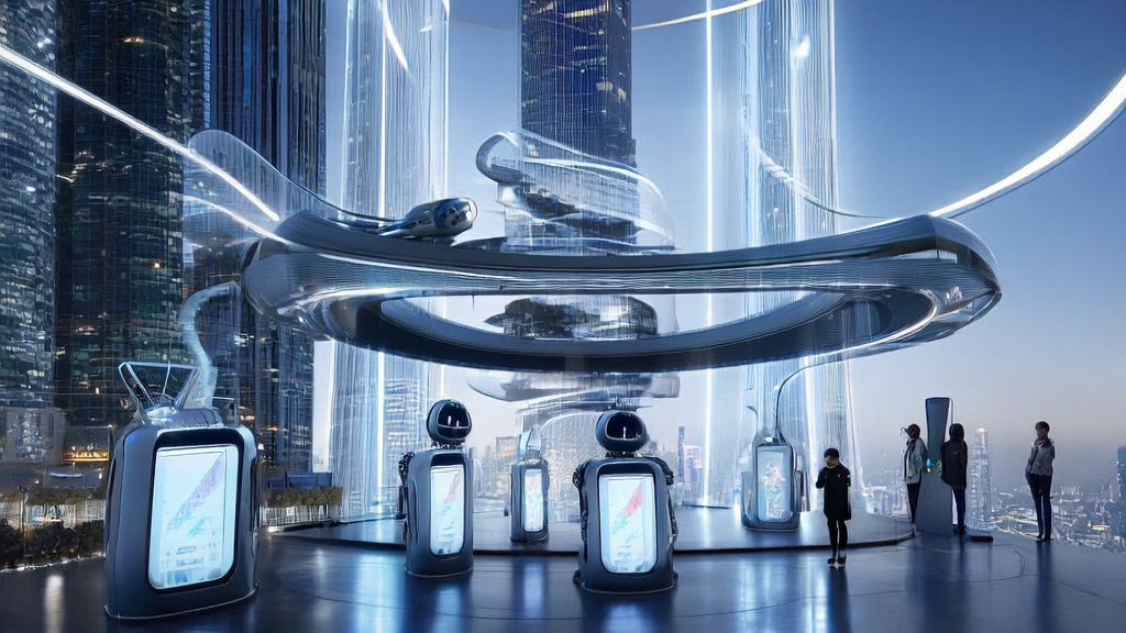 Unitree's humanoid robot R1 showcasing its advanced interaction capabilities in a modern exhibition hall