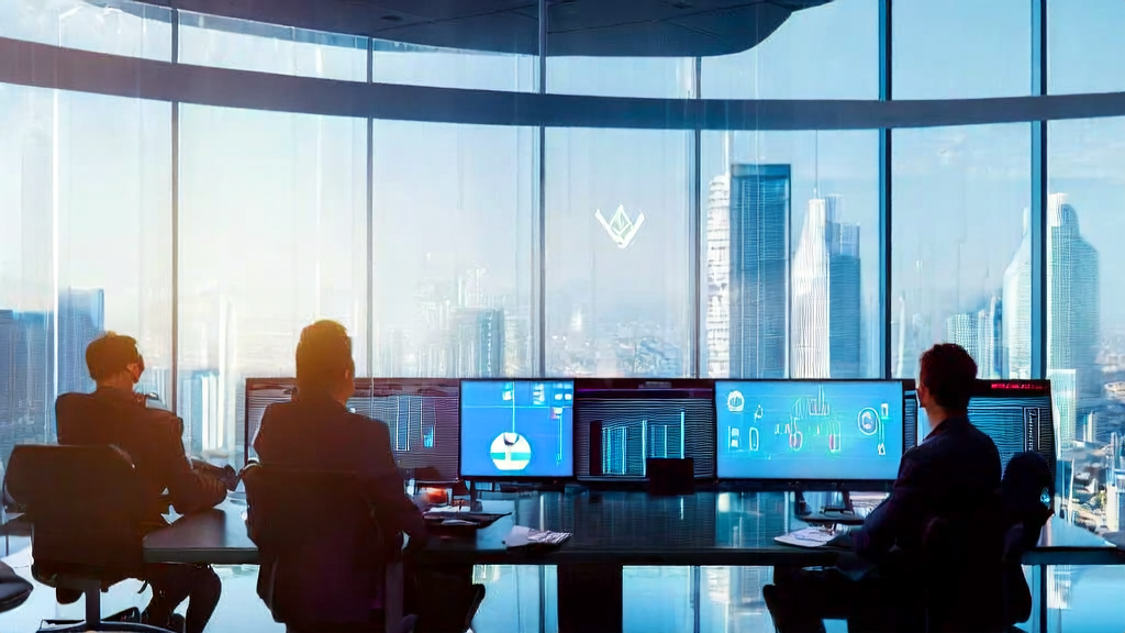 未来城市的现代化办公室内，员工使用LinkedIn和Meta新AI助手进行客户数据分析