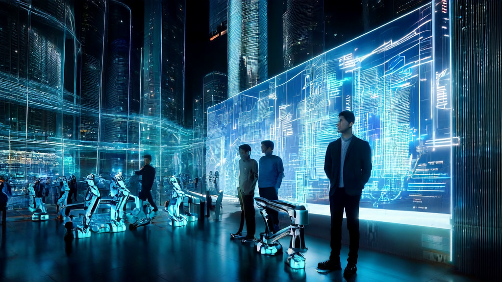 A young entrepreneur using AI-optimized email marketing strategies in a high-tech city environment, with the backdrop of Mary Meeker's AI industry report presentation.