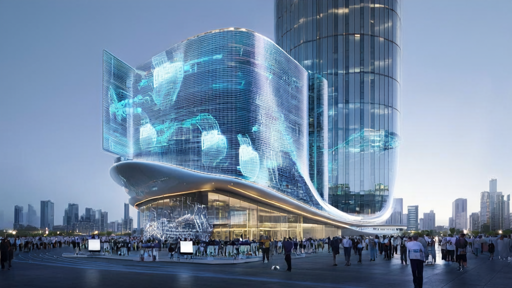 Tech hub in a futuristic city showcasing the potential of AI for acquisition and the Enterprise AI Adoption Maturity Model