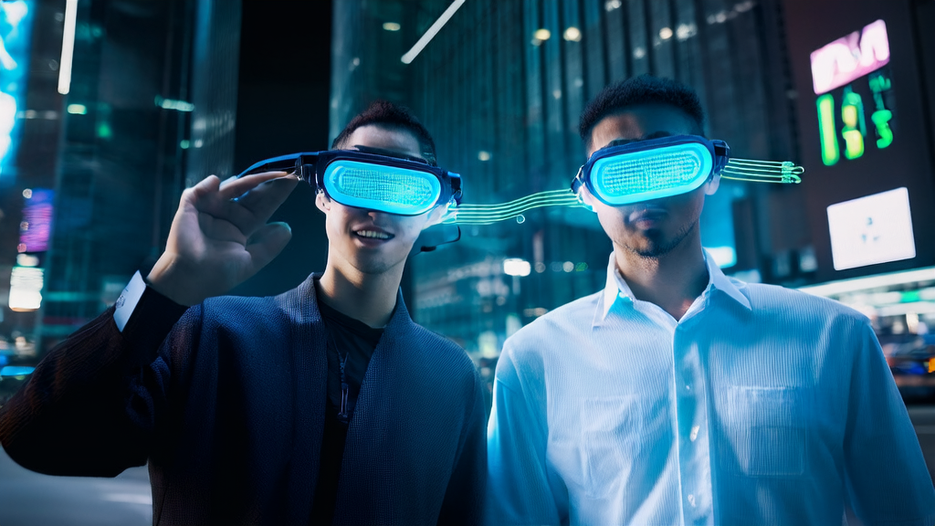 On a futuristic city street, two young entrepreneurs showcase their unlimited memory AI glasses, attracting passersby to try them on.