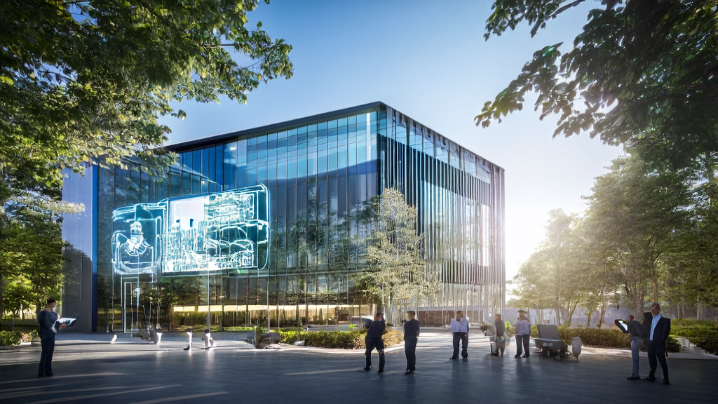 阳光下的现代办公楼，展示最新AI营销工具和图像生成模型