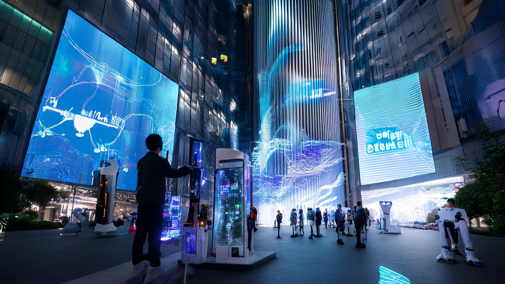 A futuristic city where entrepreneurs use AI technology for efficient customer acquisition, showcasing the powerful features of Kimi K2-0905