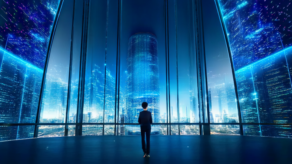 AI lab in a futuristic city showcasing the new trends of AI-driven customer acquisition in 2025